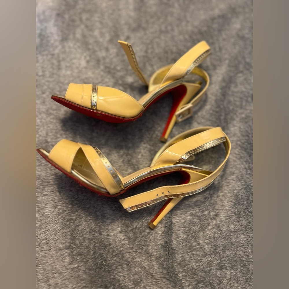 Christian Louboutin Elegant Yellow Strappy Heels Cream and Gold